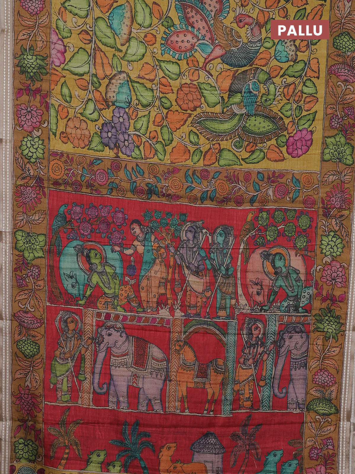 Semi tussar saree mustard yellow and dark mustard with allover kalamkari prints and printed border - Image 3