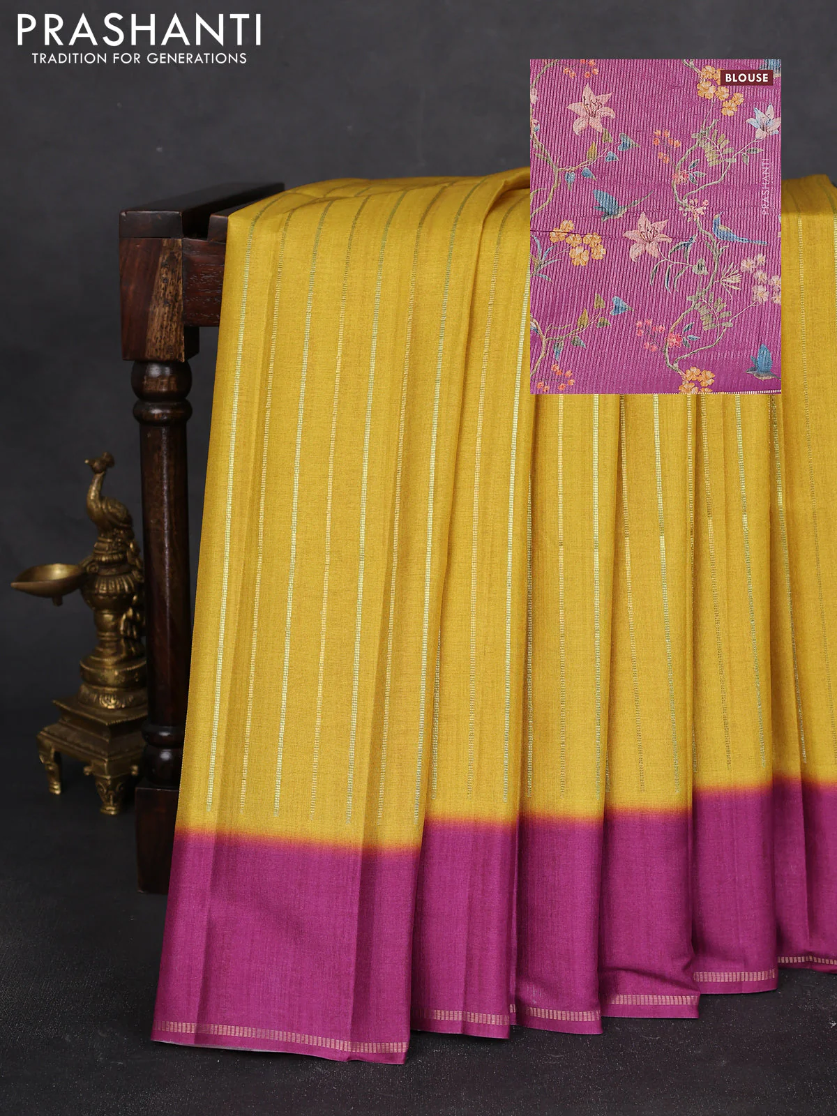 Semi tussar saree mustard yellow and magenta pink with allover silver & gold zari weaves and simple zari border