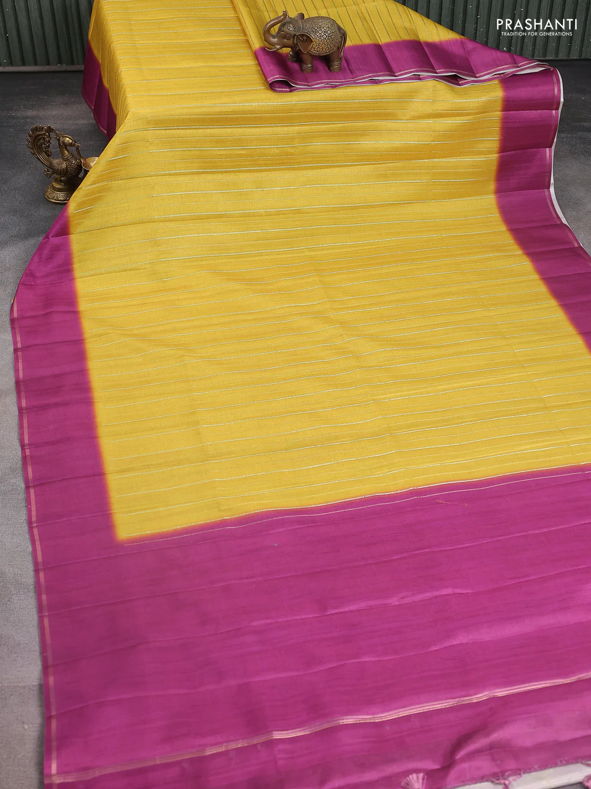 Semi tussar saree mustard yellow and magenta pink with allover silver & gold zari weaves and simple zari border - Image 2