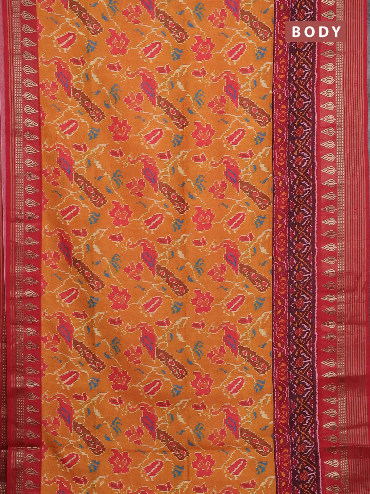 Semi tussar saree mustard yellow and maroon with allover ikat prints and zari woven border - Image 2