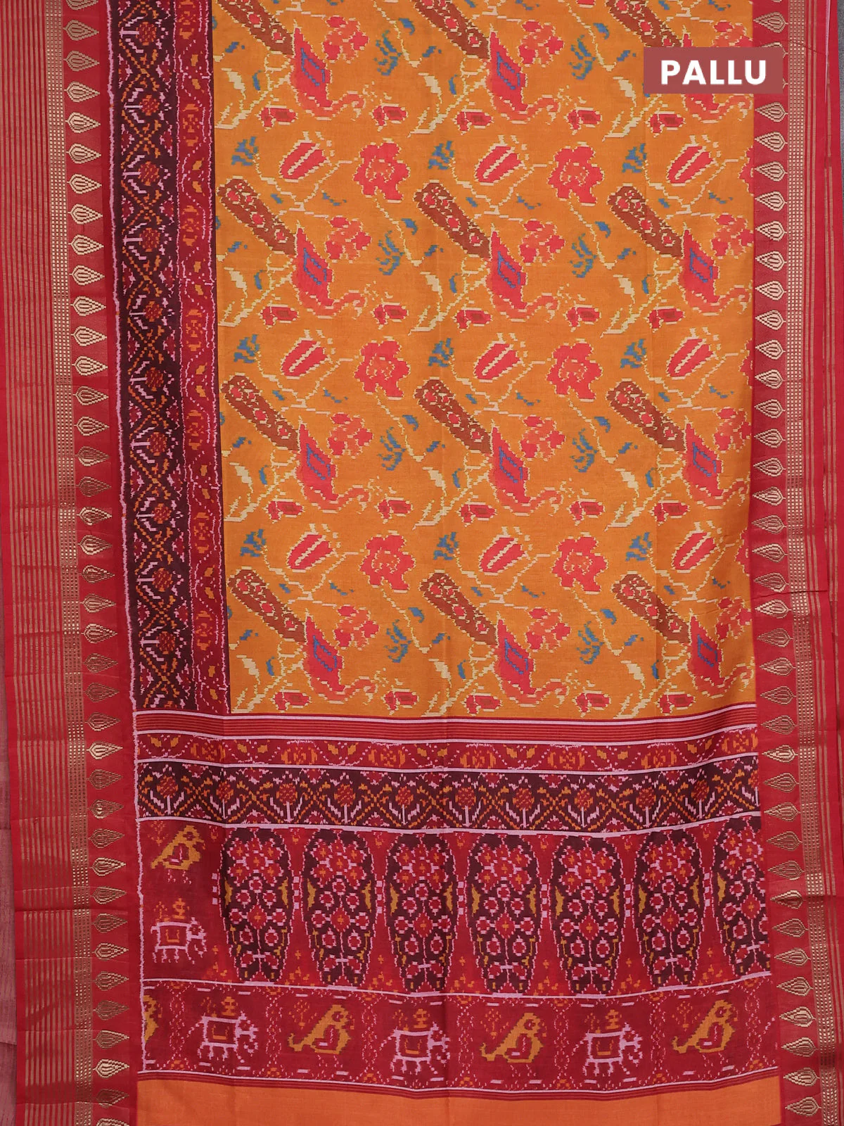 Semi tussar saree mustard yellow and maroon with allover ikat prints and zari woven border - Image 3