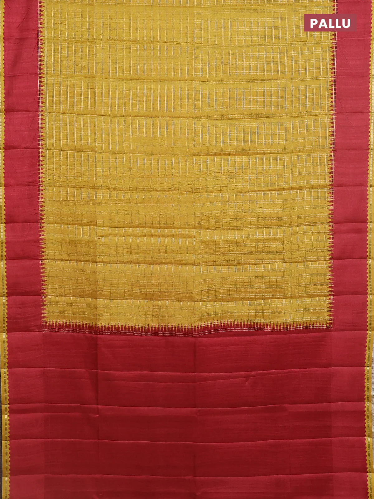 Semi tussar saree mustard yellow and maroon with allover zari checked pattern and rettapet zari woven border - Image 3