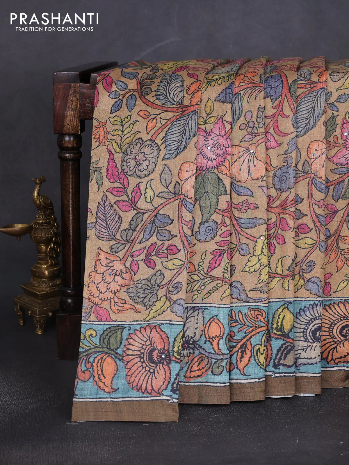 Semi tussar saree mustard yellow and mehendi green with allover kalamkari prints and mirror work - Image 2