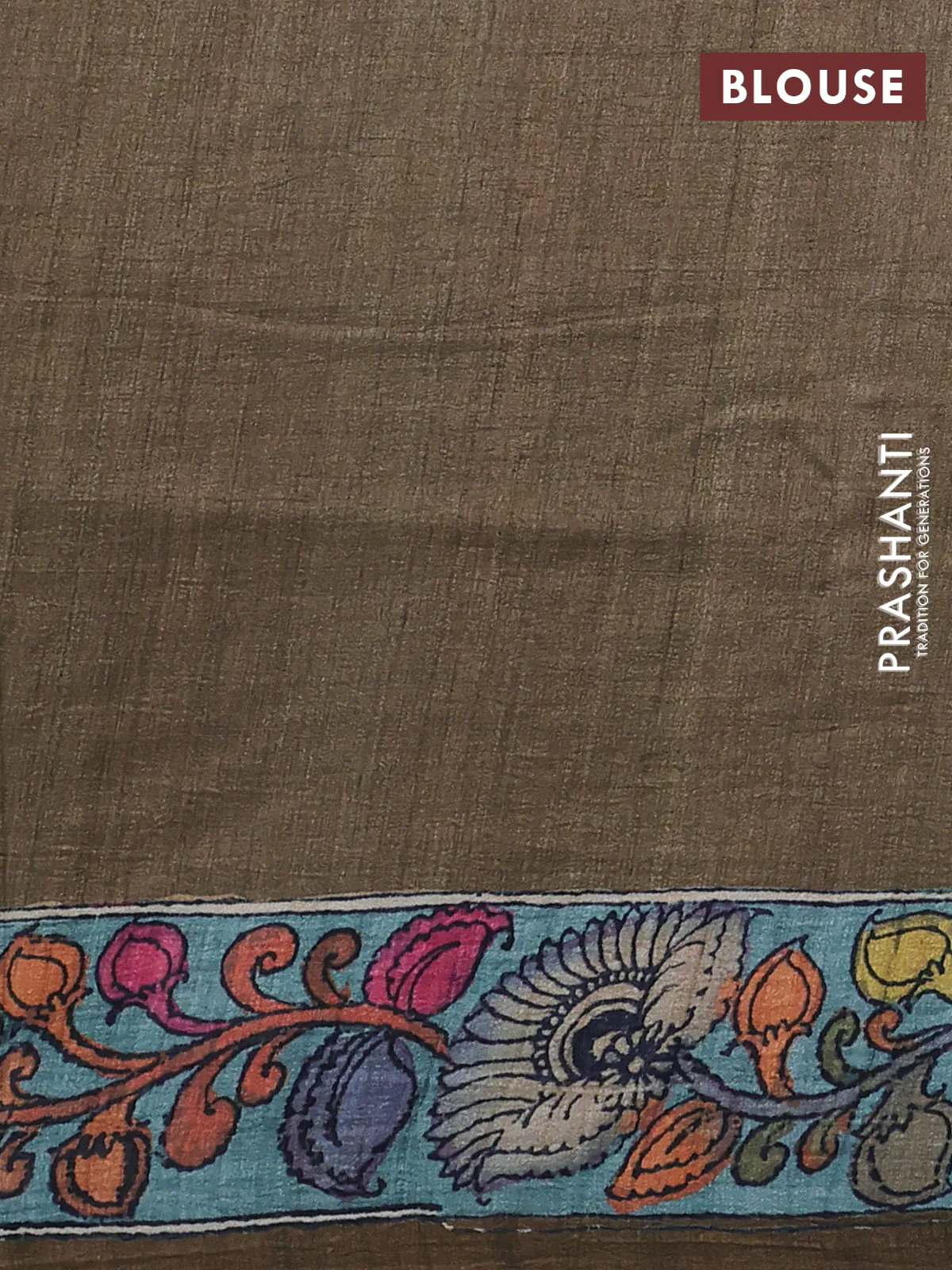 Semi tussar saree mustard yellow and mehendi green with allover kalamkari prints and mirror work - Image 3