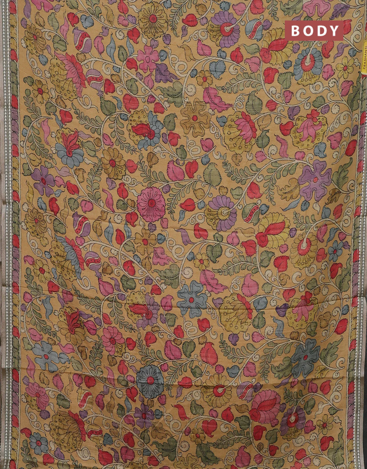 Semi tussar saree mustard yellow and pastel green with allover kalamkari prints and printed border - Image 2