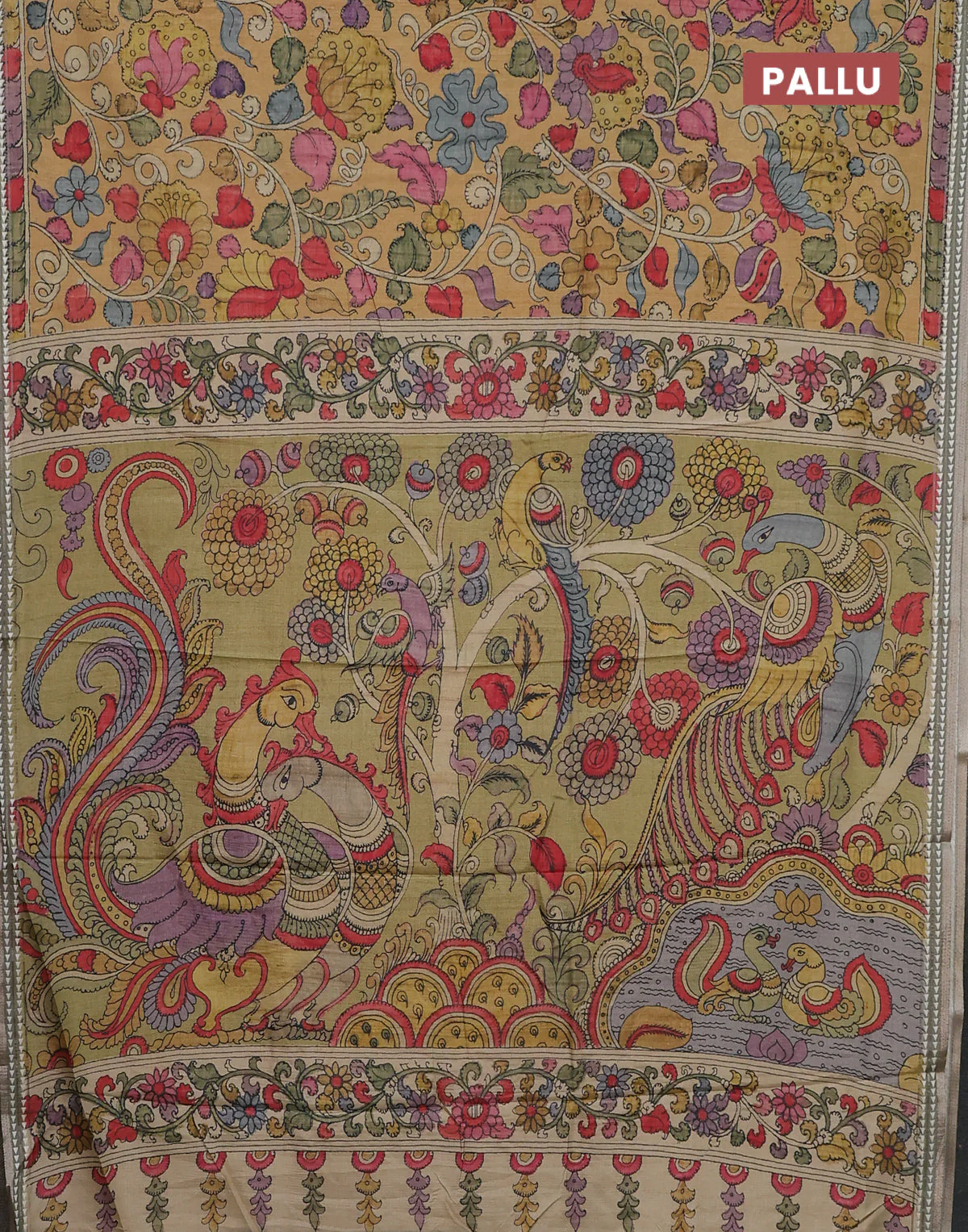 Semi tussar saree mustard yellow and pastel green with allover kalamkari prints and printed border - Image 3