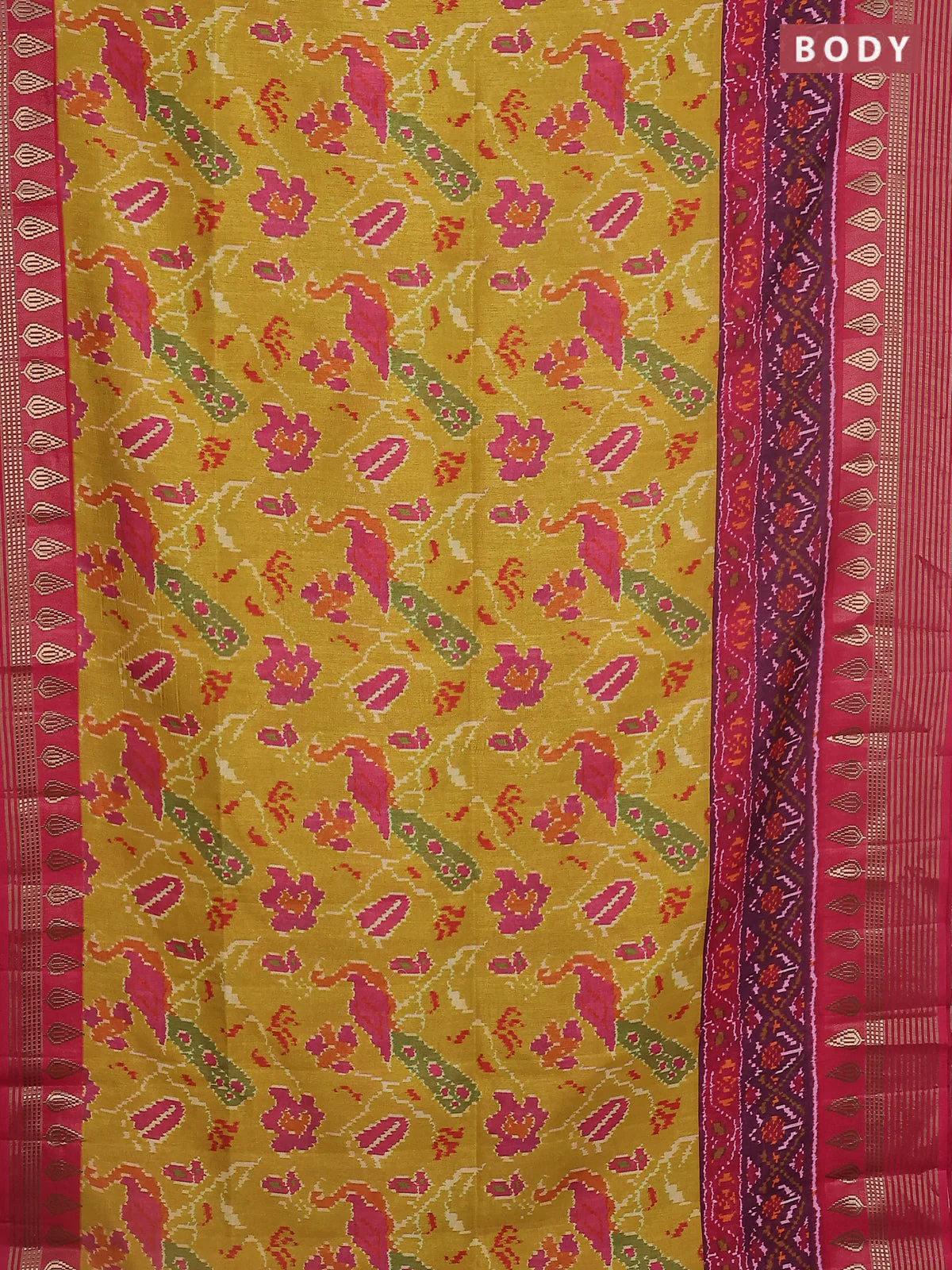 Semi tussar saree mustard yellow and pink with allover ikat prints and zari woven border - Image 2