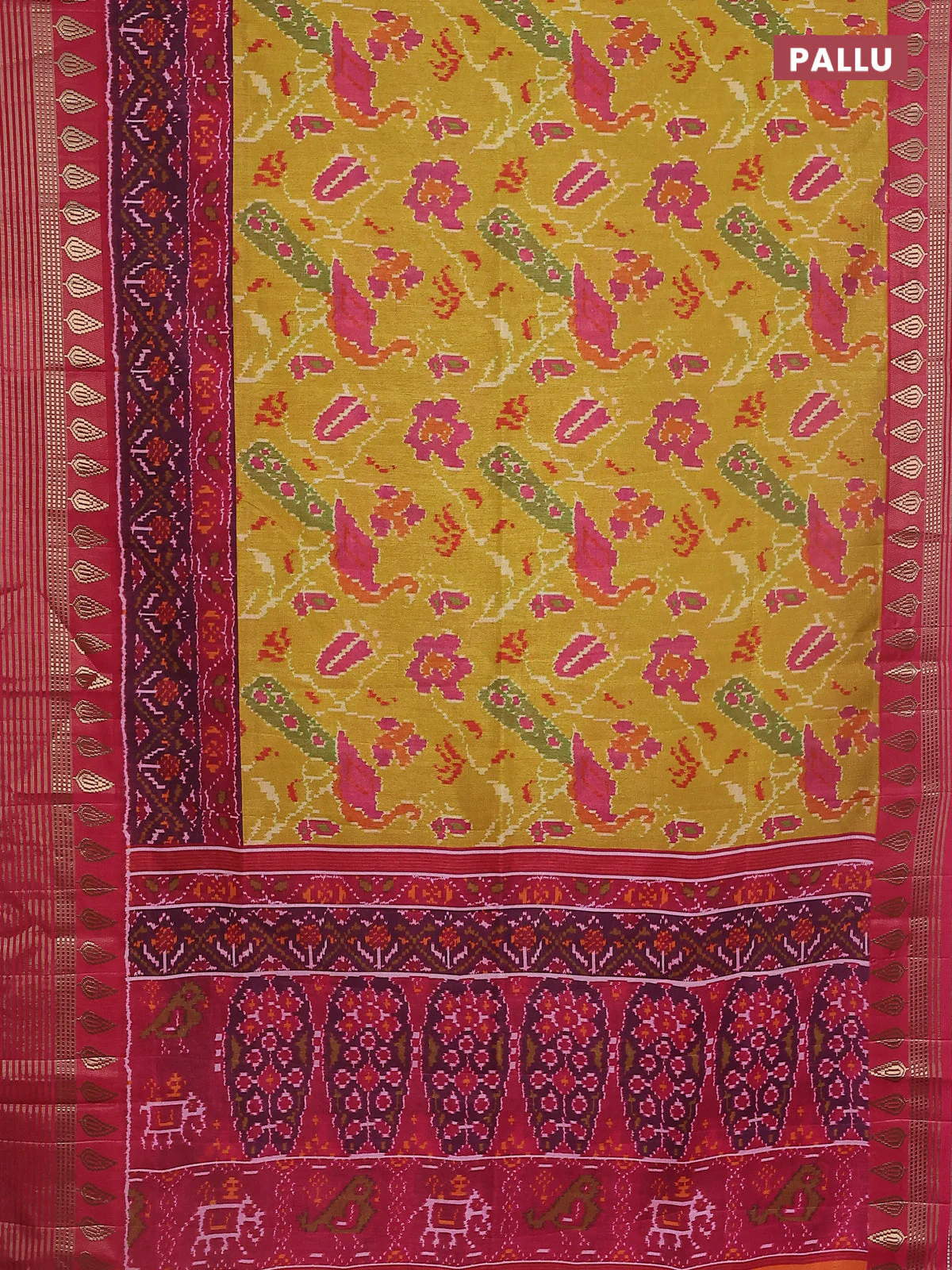 Semi tussar saree mustard yellow and pink with allover ikat prints and zari woven border - Image 3