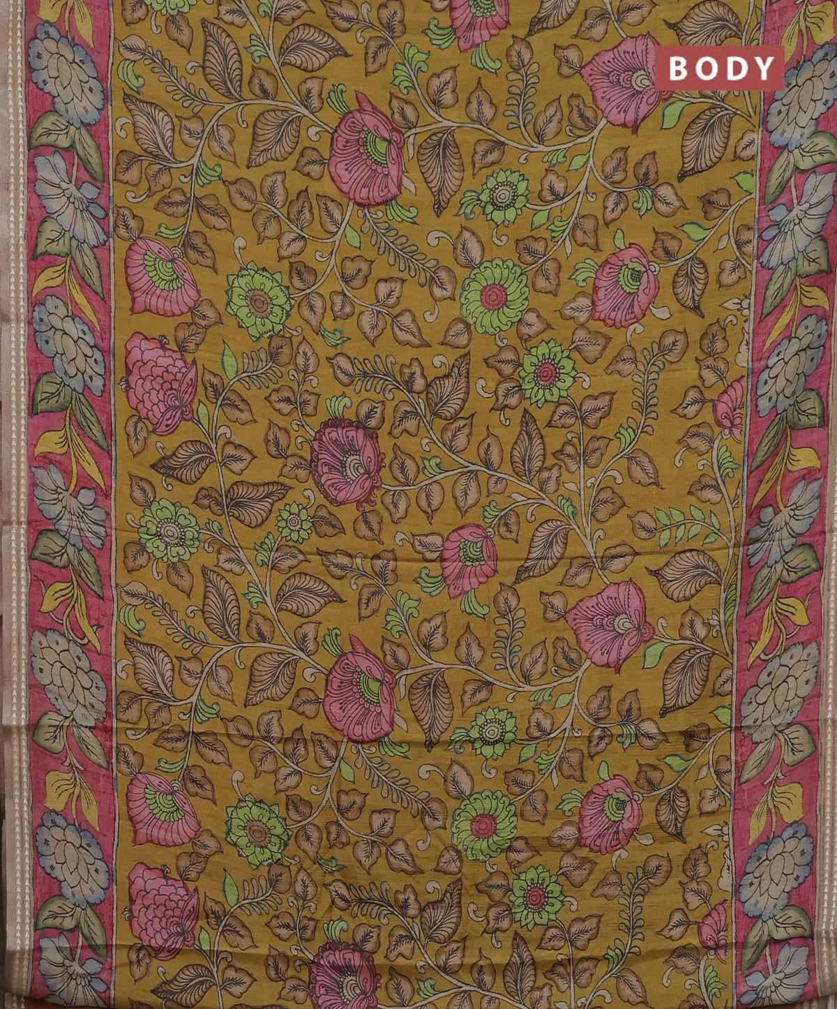 Semi tussar saree mustard yellow and pink with allover kalamkari prints and printed border - Image 2