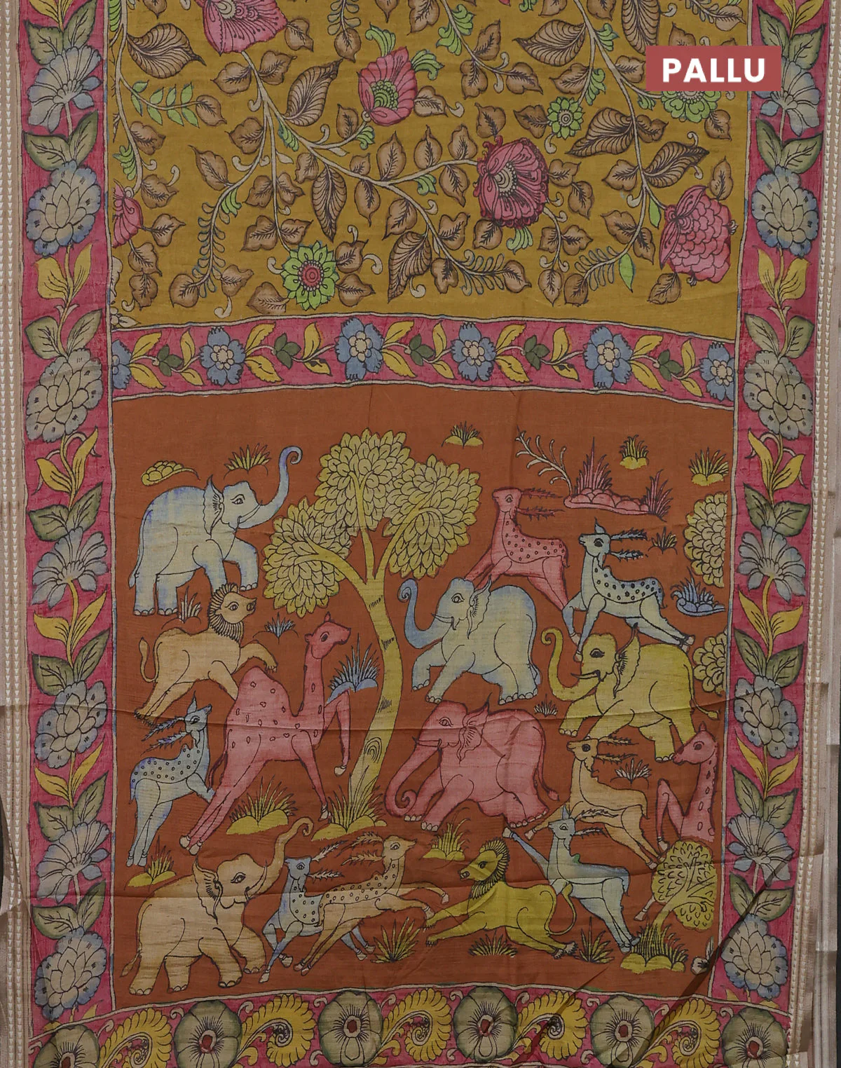 Semi tussar saree mustard yellow and pink with allover kalamkari prints and printed border - Image 3