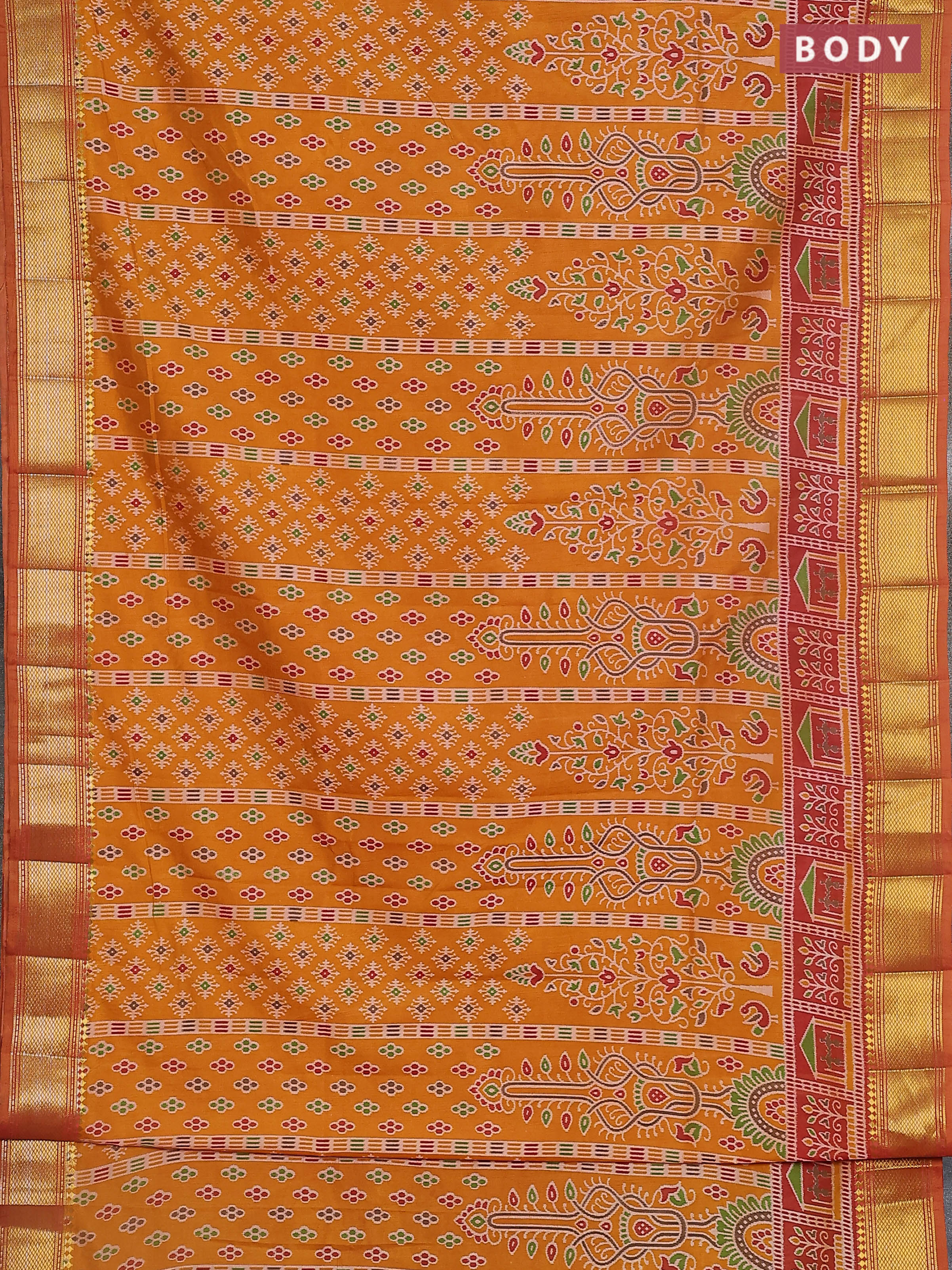 Semi tussar saree mustard yellow and rust with allover ikat prints and zari woven border - Image 2
