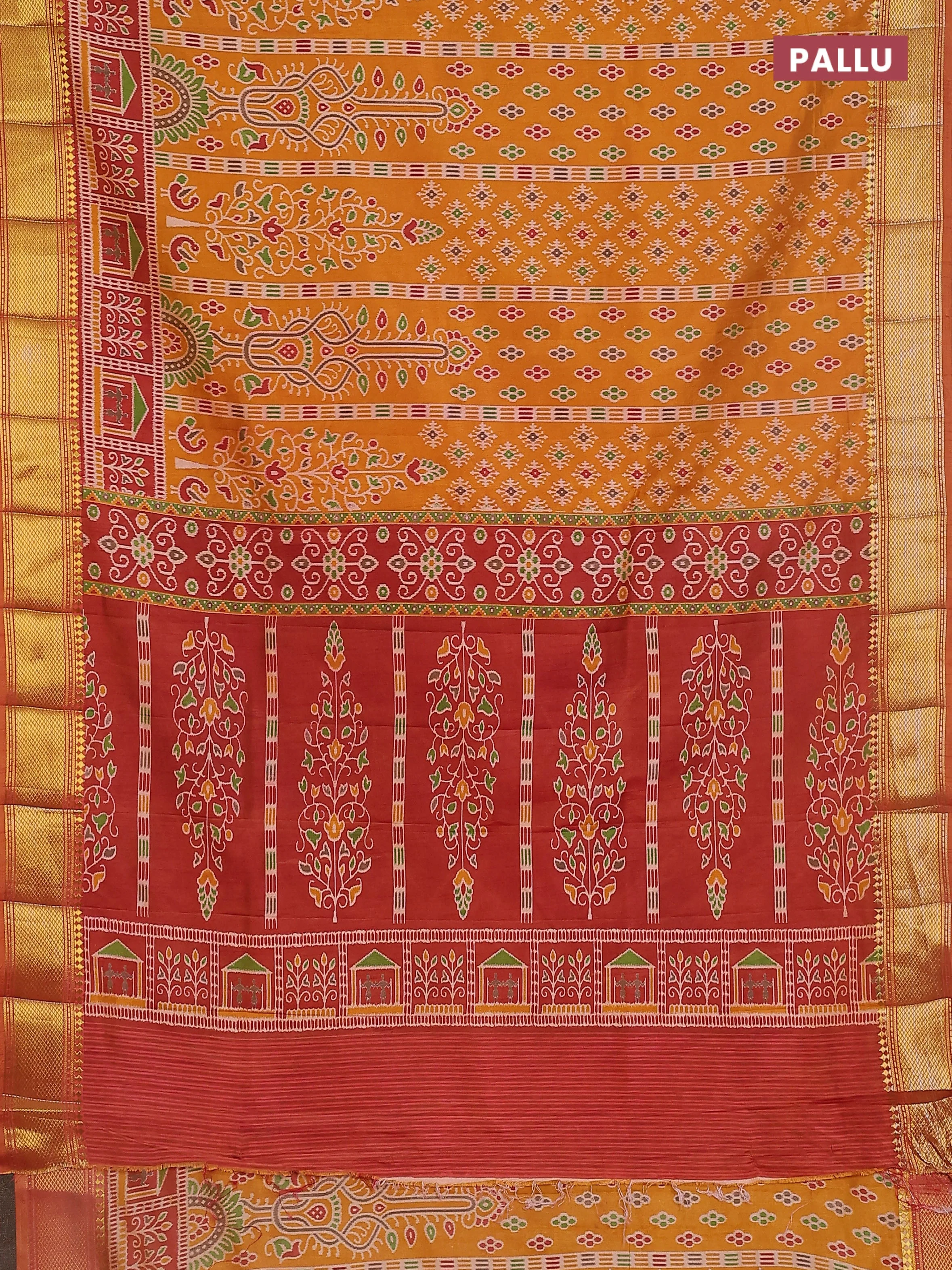 Semi tussar saree mustard yellow and rust with allover ikat prints and zari woven border - Image 3