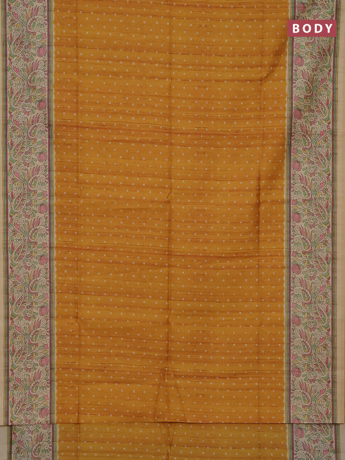 Semi tussar saree mustard yellow and sandal with bandhini butta prints and printed border - Image 2