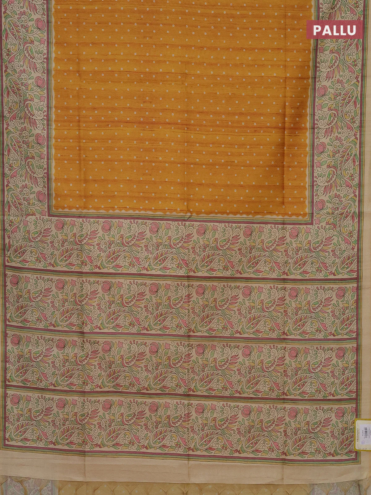 Semi tussar saree mustard yellow and sandal with bandhini butta prints and printed border - Image 3