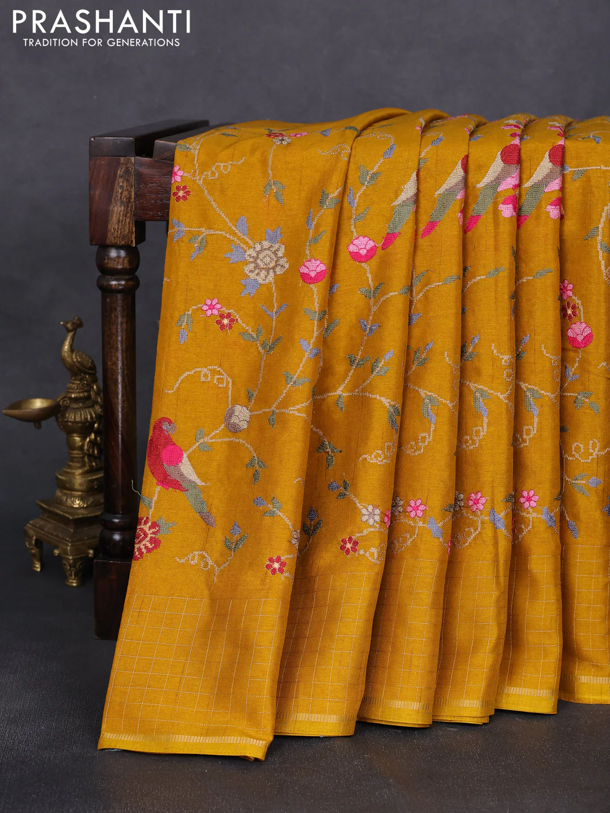 Semi tussar saree mustard yellow with allover embroidery design and zari woven border - Image 2