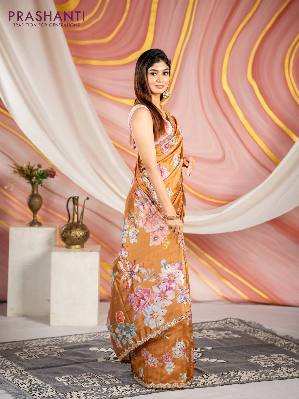 Semi tussar saree mustard yellow with allover floral prints & mirror sequin work and mirror work border - Image 3
