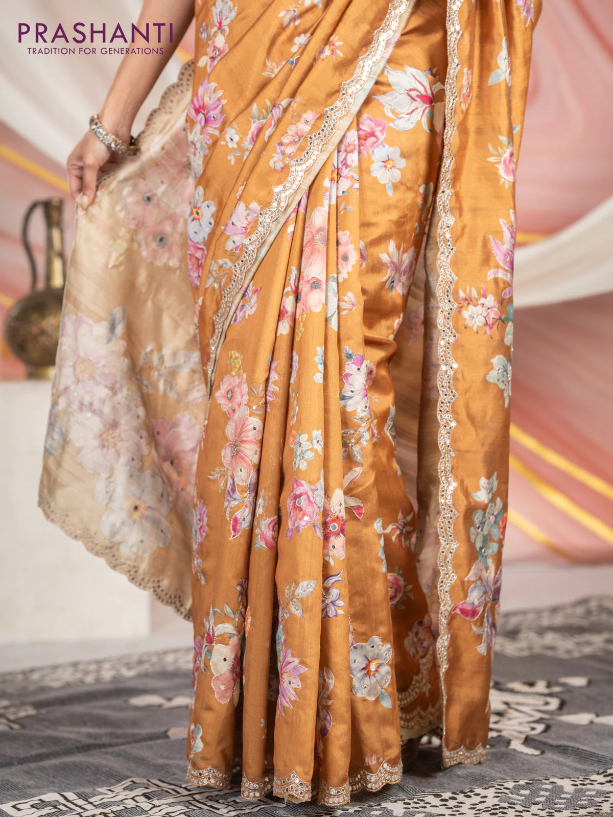 Semi tussar saree mustard yellow with allover floral prints & mirror sequin work and mirror work border - Image 4