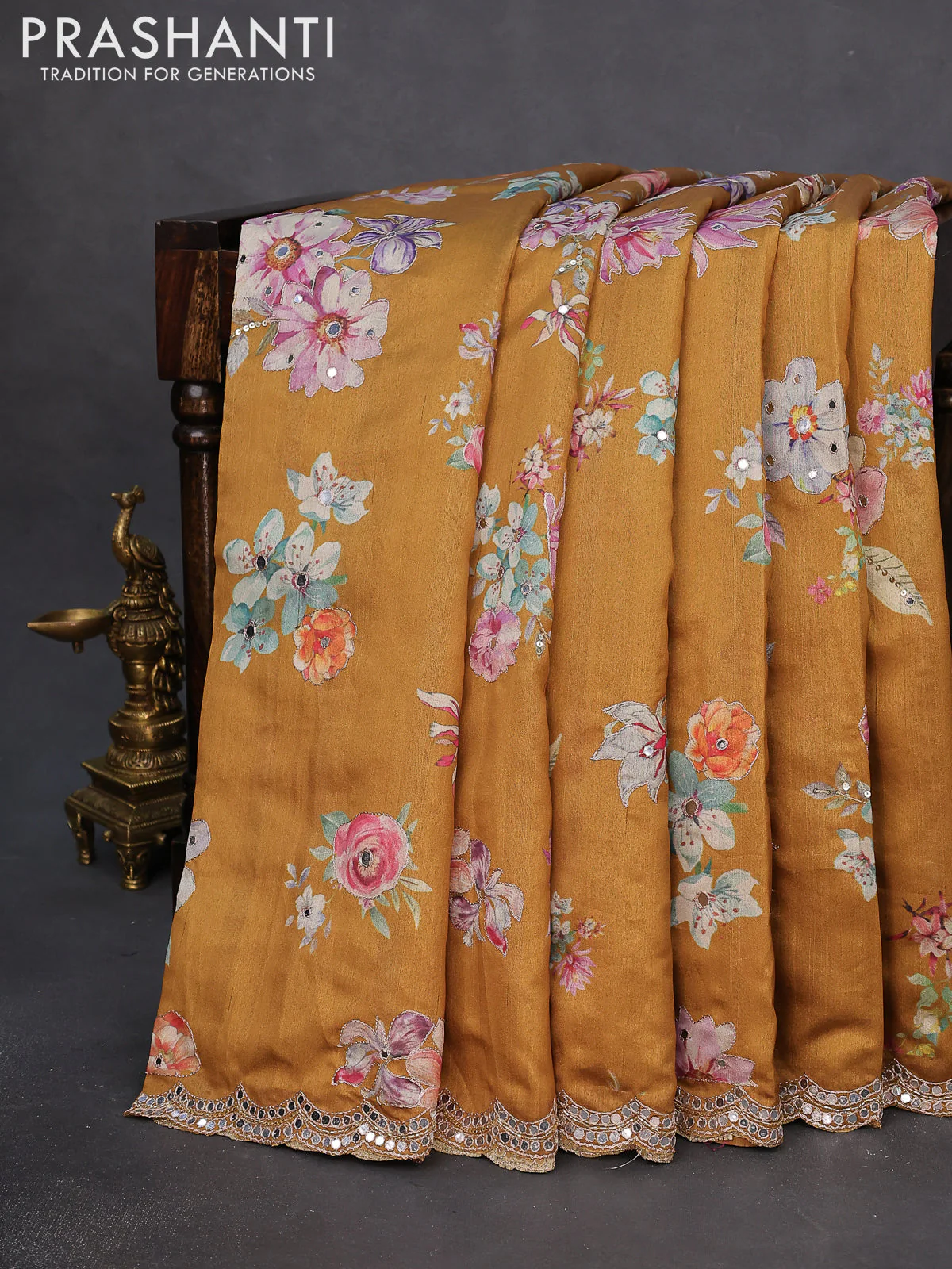 Semi tussar saree mustard yellow with allover floral prints & mirror sequin work and mirror work border - Image 6