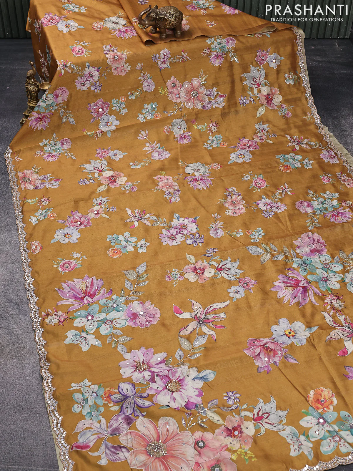 Semi tussar saree mustard yellow with allover floral prints & mirror sequin work and mirror work border - Image 7