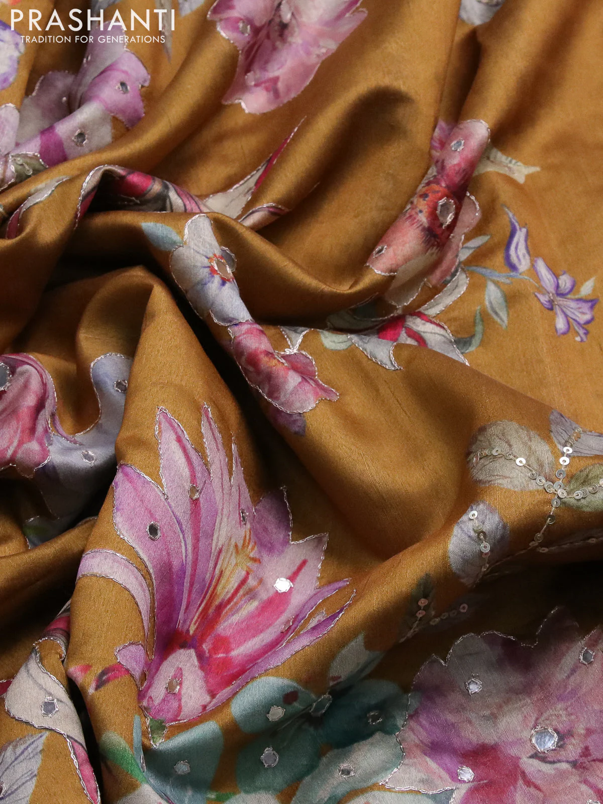 Semi tussar saree mustard yellow with allover floral prints & mirror sequin work and mirror work border - Image 8