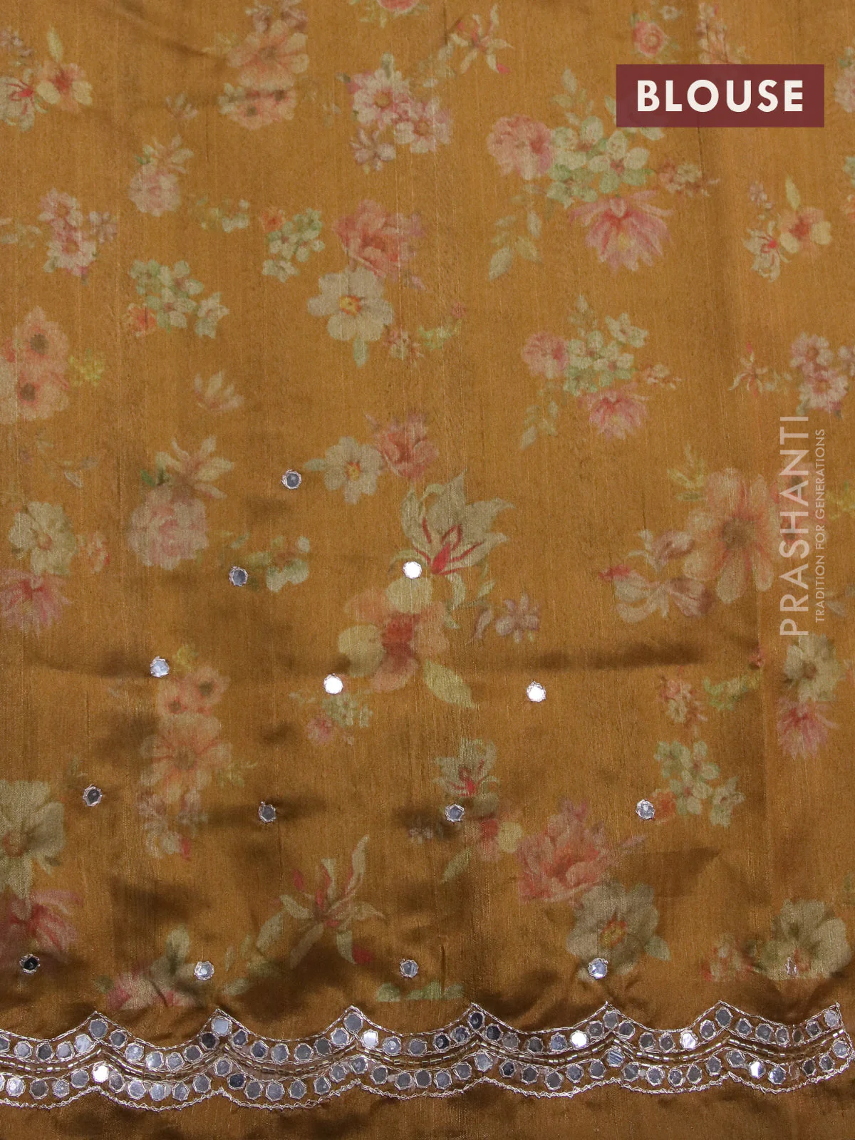 Semi tussar saree mustard yellow with allover floral prints & mirror sequin work and mirror work border - Image 9