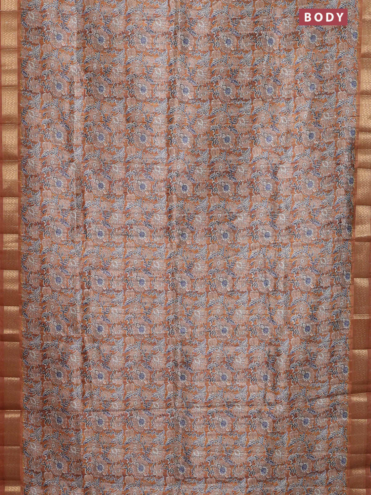 Semi tussar saree mustard yellow with allover kalamkari prints & sequin work and zari woven border - Image 2