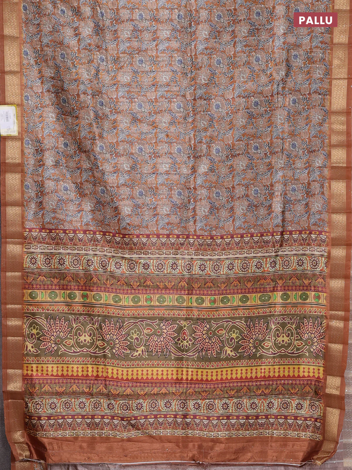 Semi tussar saree mustard yellow with allover kalamkari prints & sequin work and zari woven border - Image 3