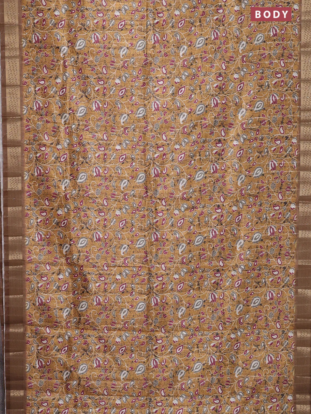 Semi tussar saree mustard yellow with allover prints & sequin work and zari woven border - Image 2