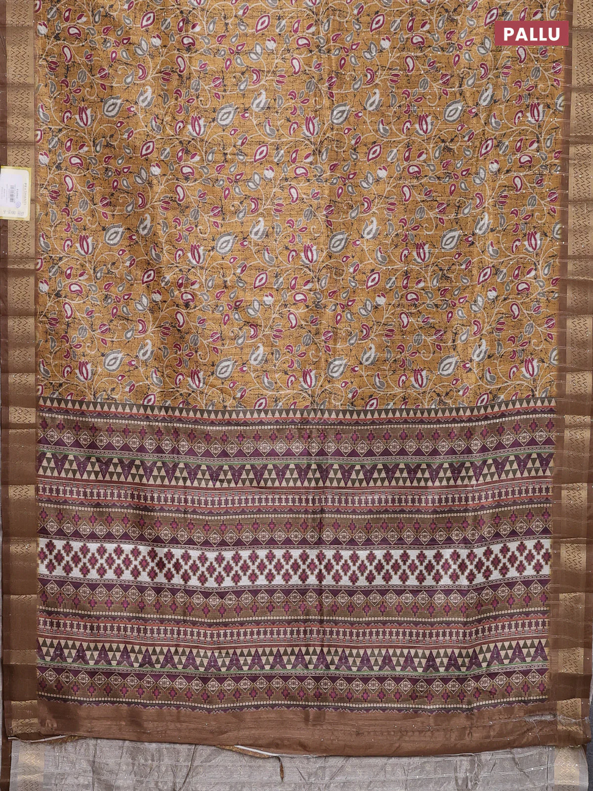 Semi tussar saree mustard yellow with allover prints & sequin work and zari woven border - Image 3