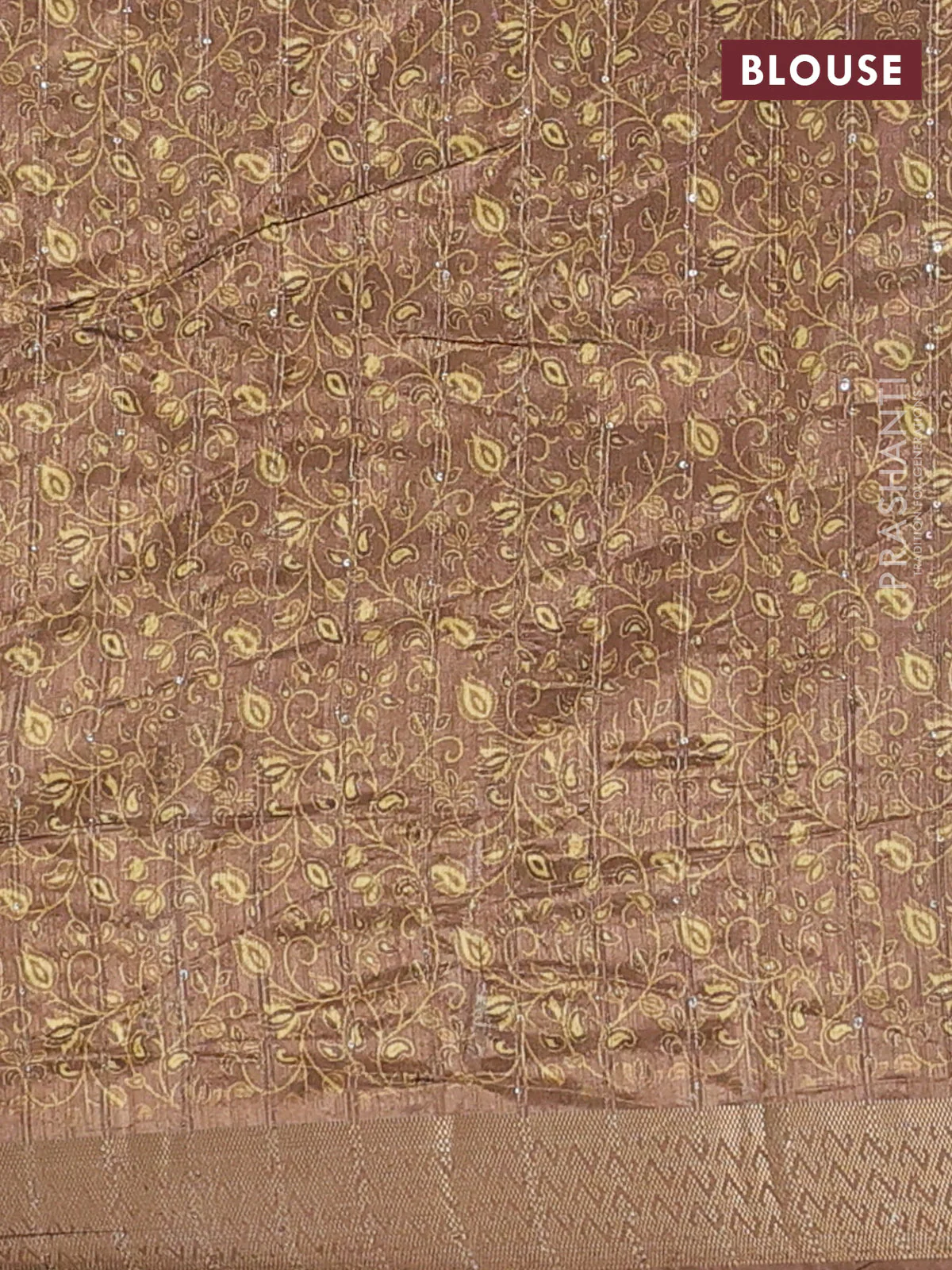Semi tussar saree mustard yellow with allover prints & sequin work and zari woven border - Image 4