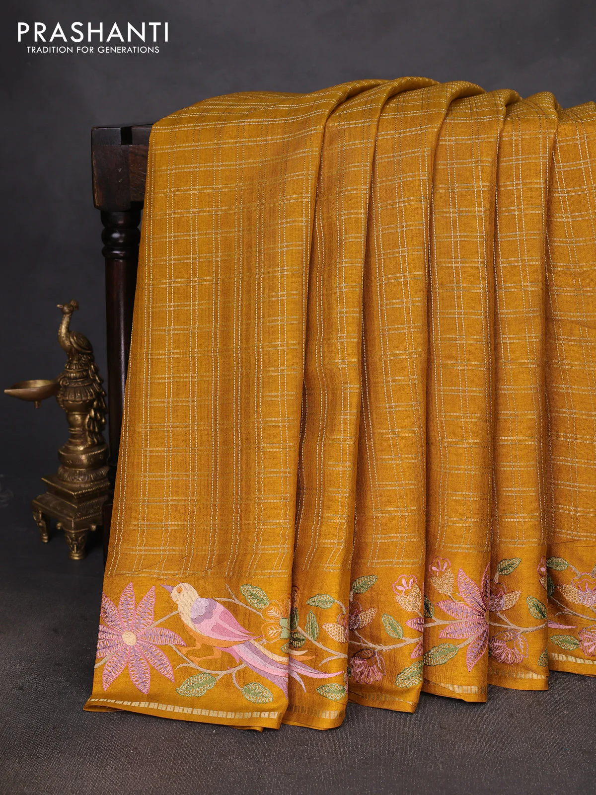 Semi tussar saree mustard yellow with allover zari checked pattern and embroidery border