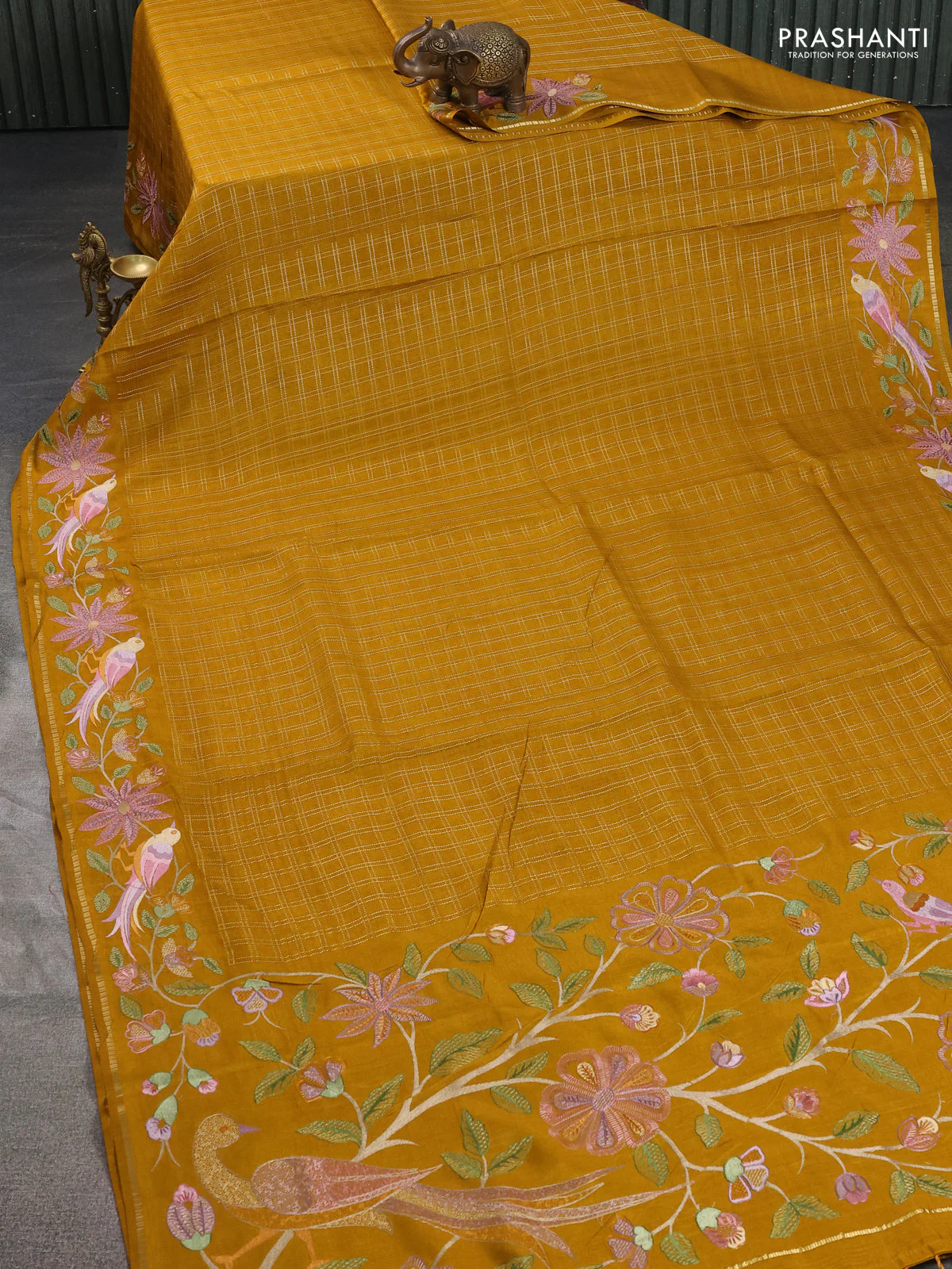 Semi tussar saree mustard yellow with allover zari checked pattern and embroidery border - Image 2