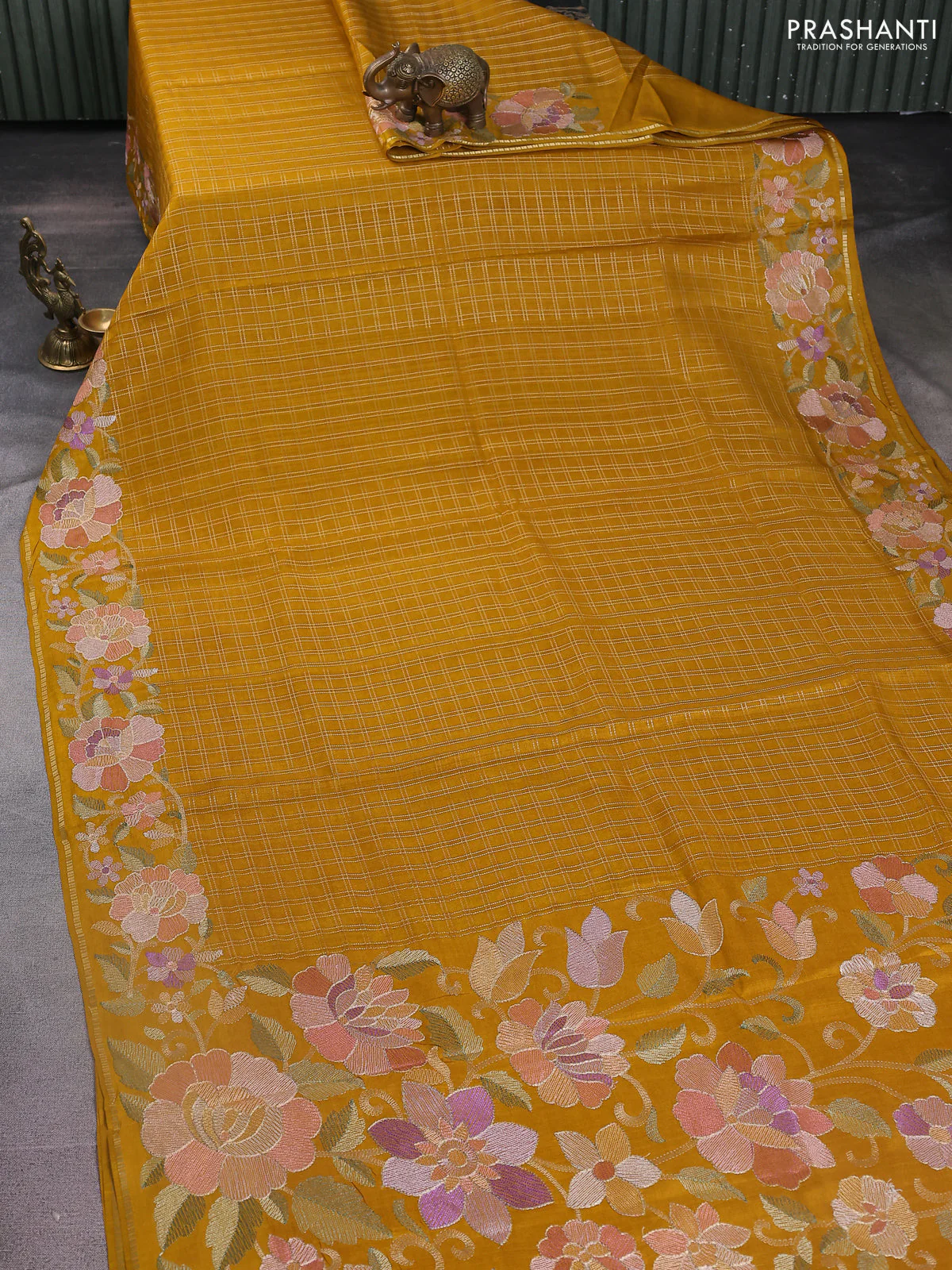 Semi tussar saree mustard yellow with allover zari checked pattern and embroidery border - Image 2