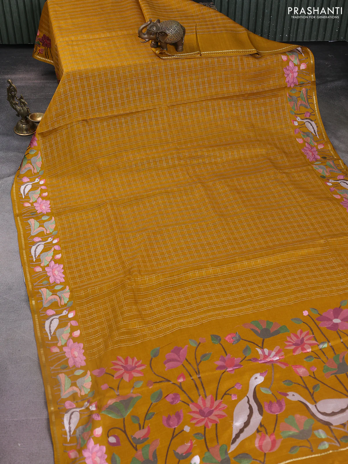 Semi tussar saree mustard yellow with allover zari checked pattern and embroidery border - Image 2