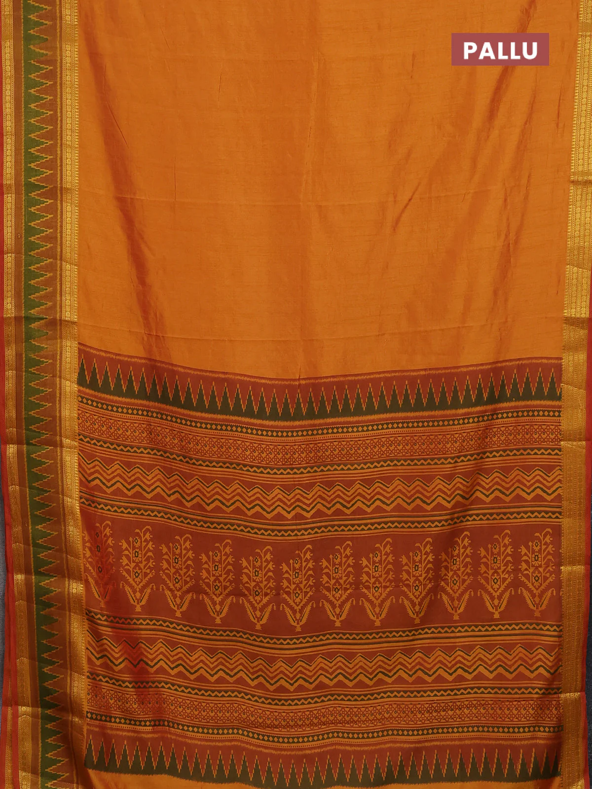 Semi tussar saree mustard yellow with plain body and ikat woven zari border - Image 3