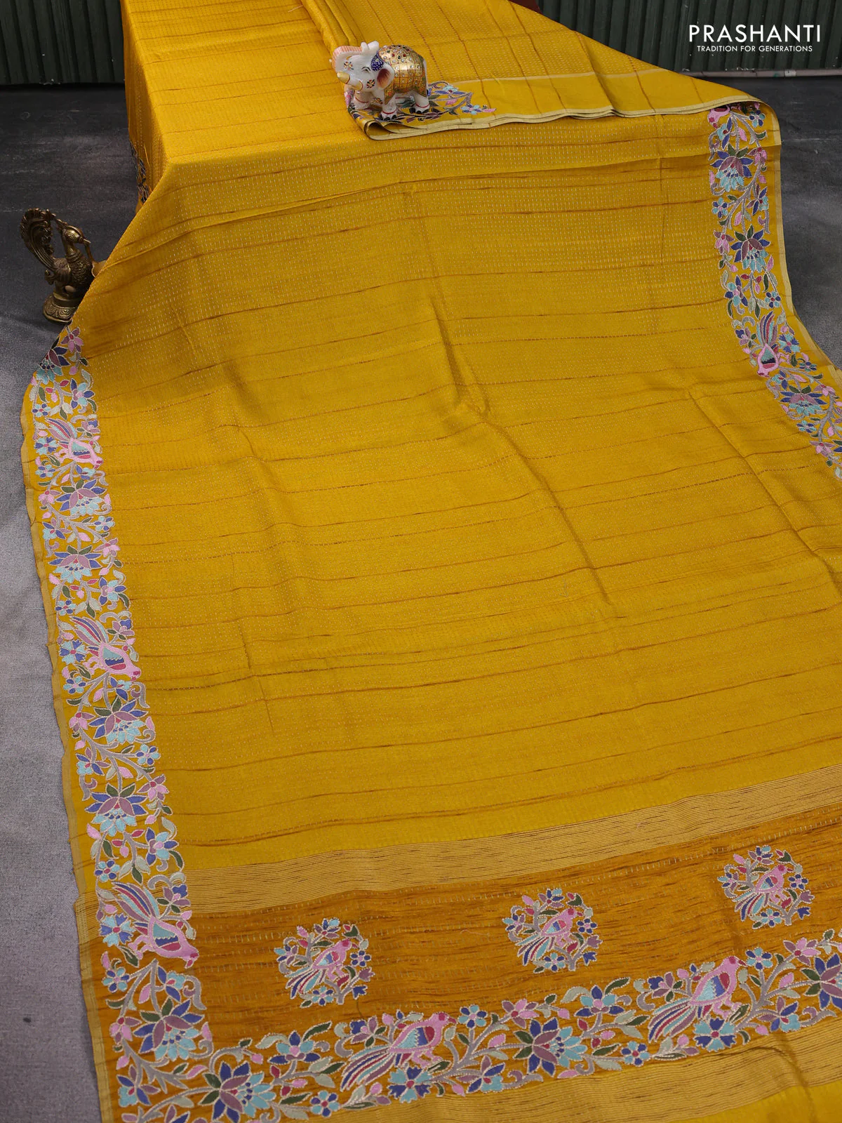 Semi tussar saree mustard yellow with zari weaves and embroidery border - Image 2