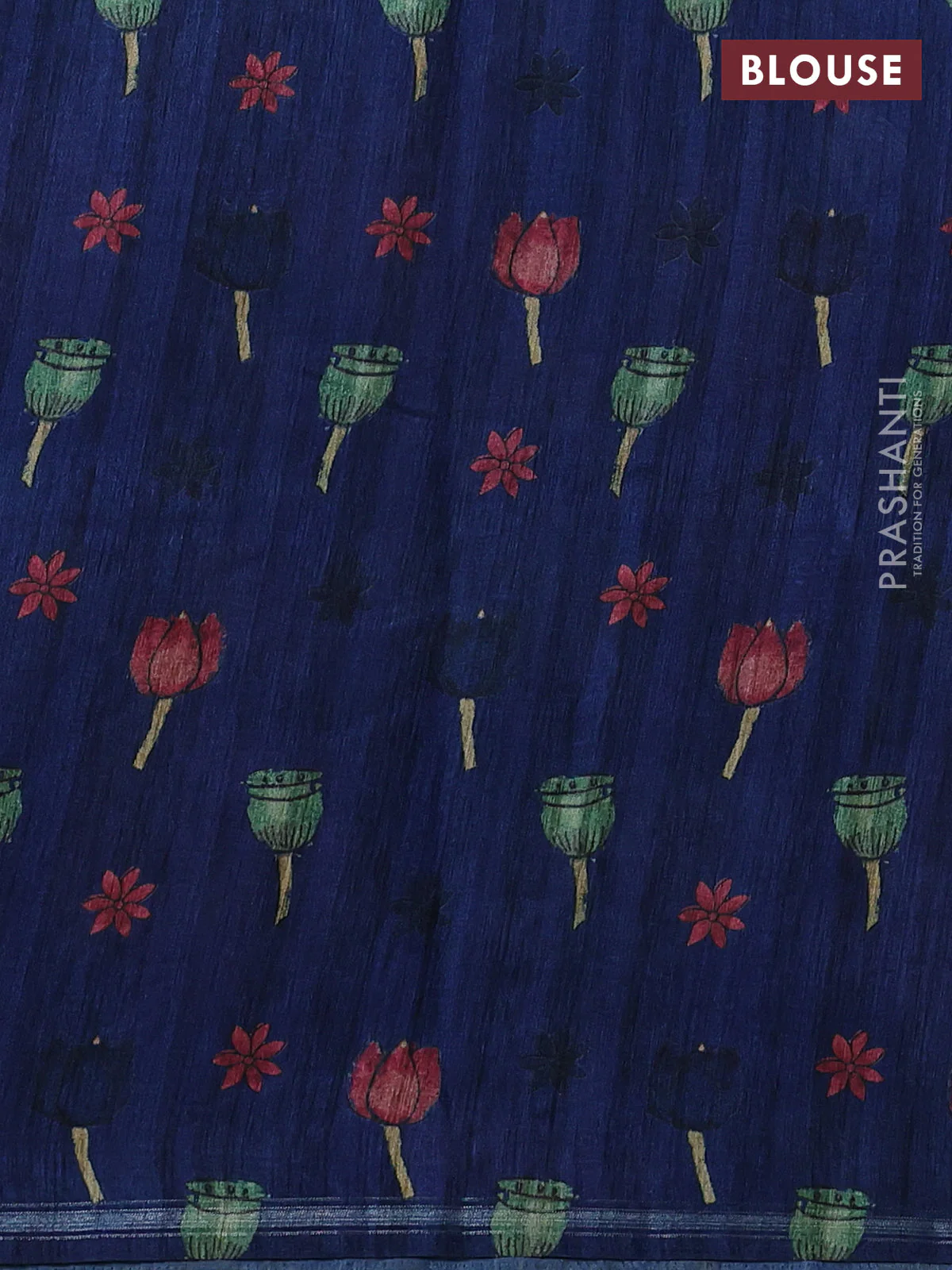 Semi tussar saree navy blue and beige with allover kalamkari prints and embroidered pallu - Image 3