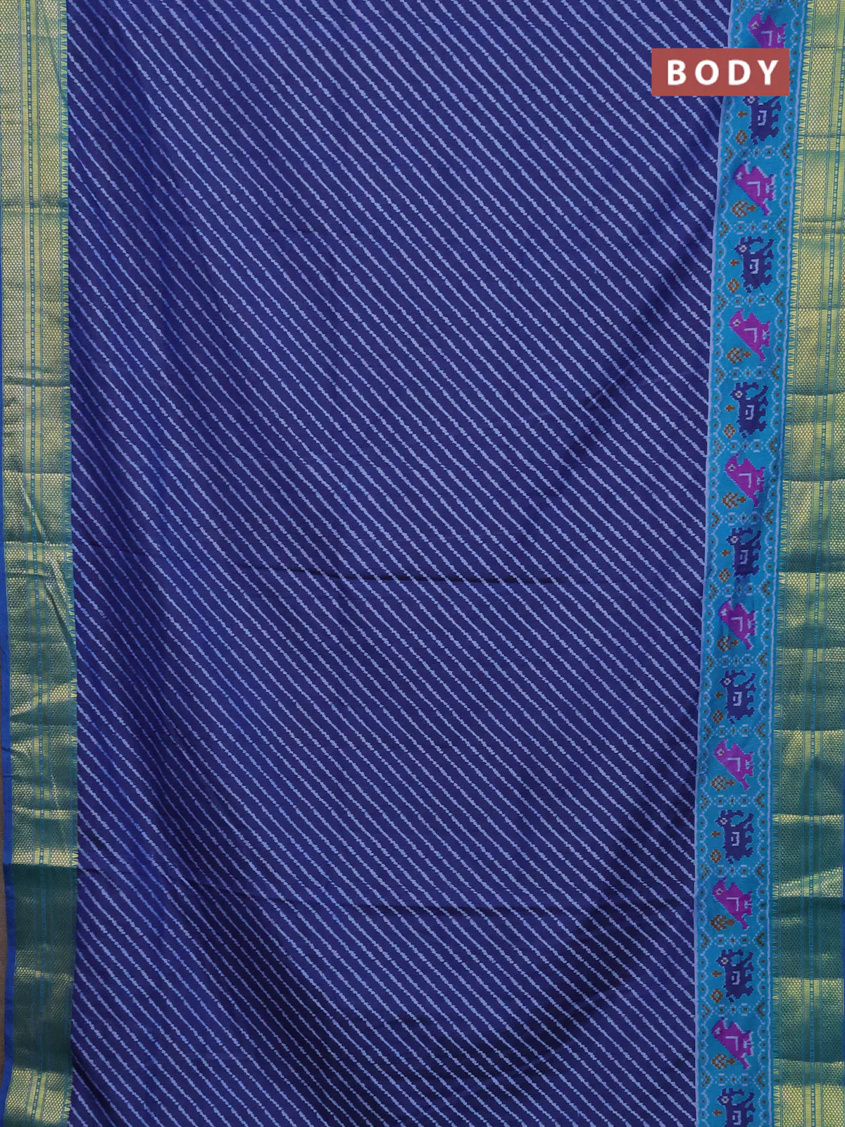 Semi tussar saree navy blue and teal blue with allover stripes prints and zari woven border - Image 2