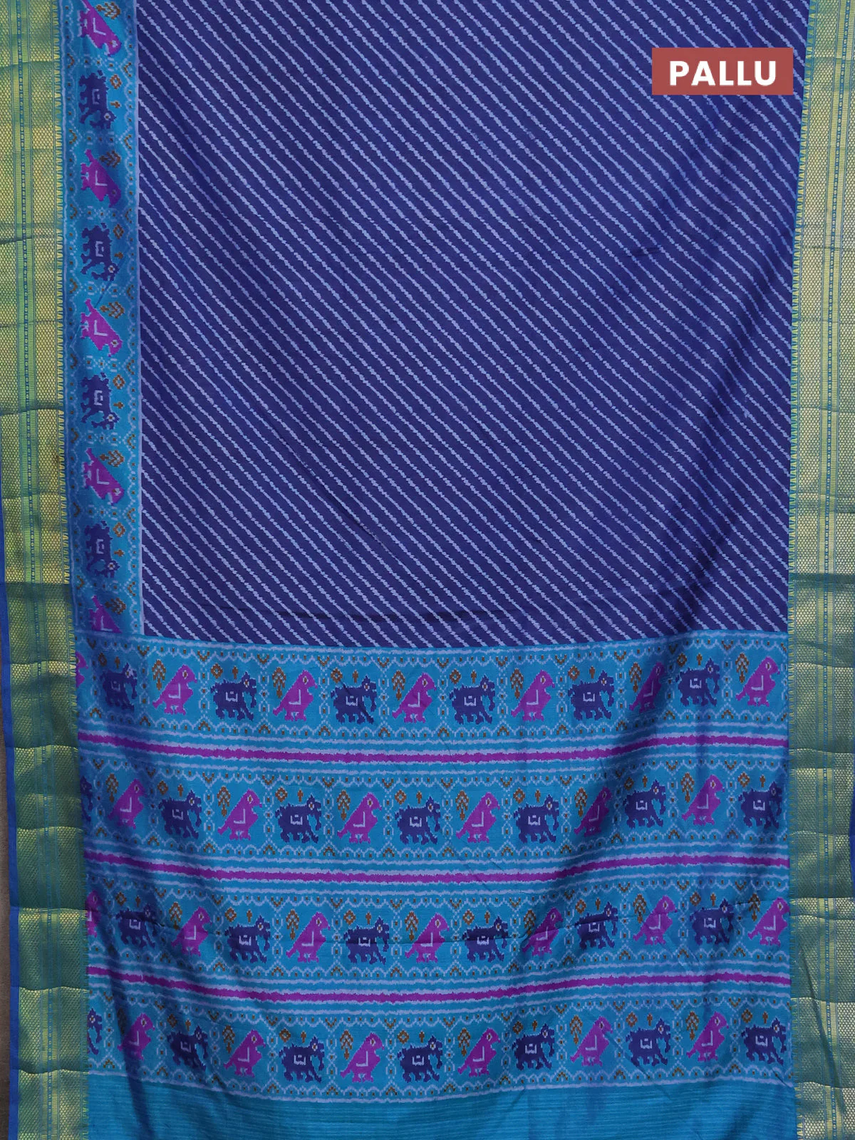 Semi tussar saree navy blue and teal blue with allover stripes prints and zari woven border - Image 3