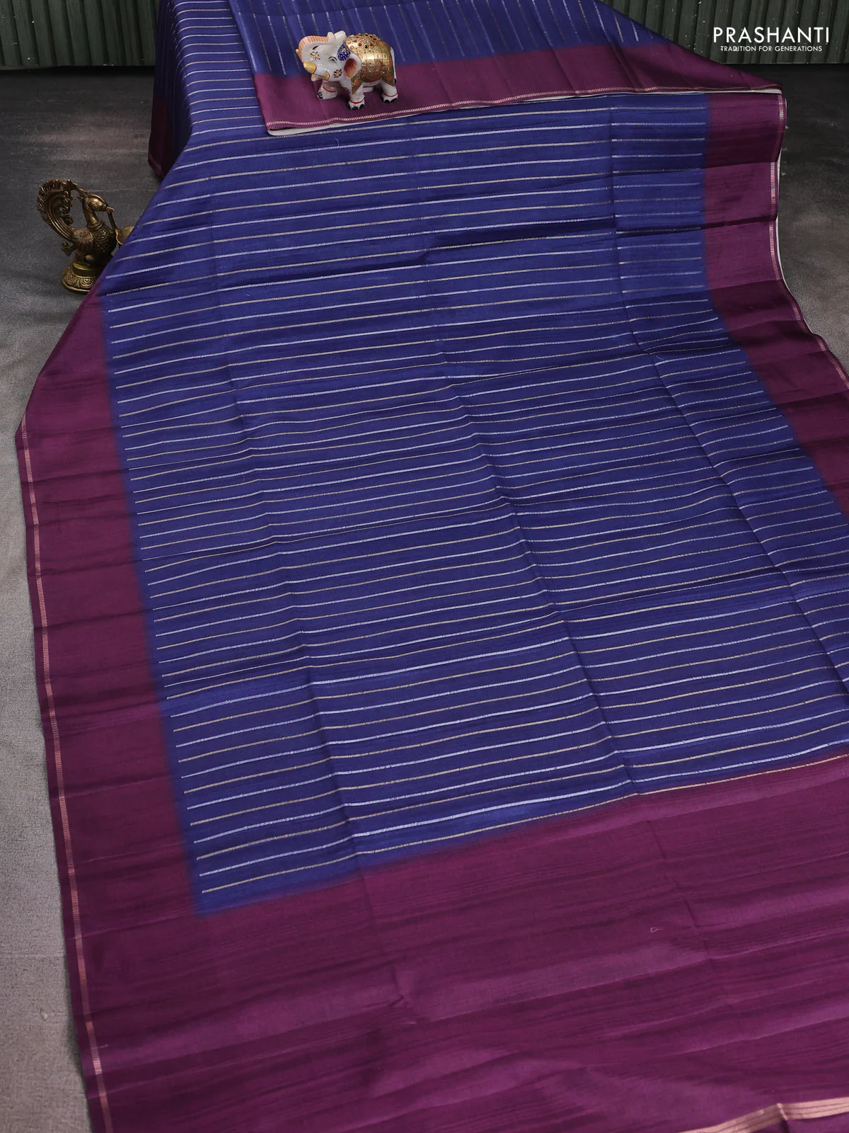 Semi tussar saree navy blue and wine shade with allover silver & gold zari weaves and simple zari border - Image 2