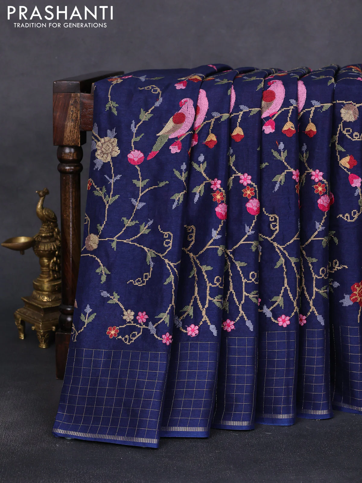 Semi tussar saree navy blue with allover embroidery design and zari woven border - Image 2