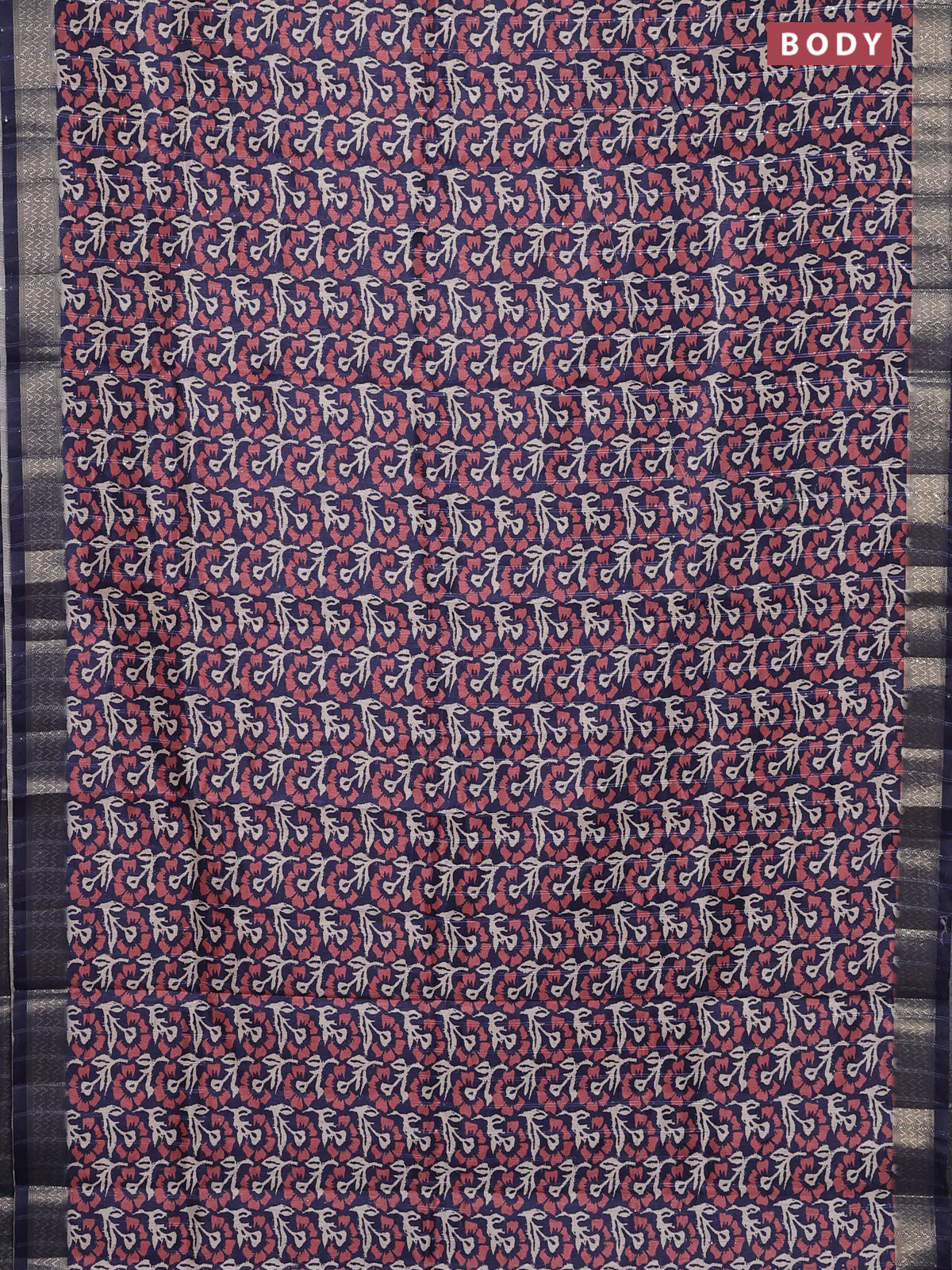 Semi tussar saree navy blue with allover floral prints & sequin work and zari woven border - Image 2