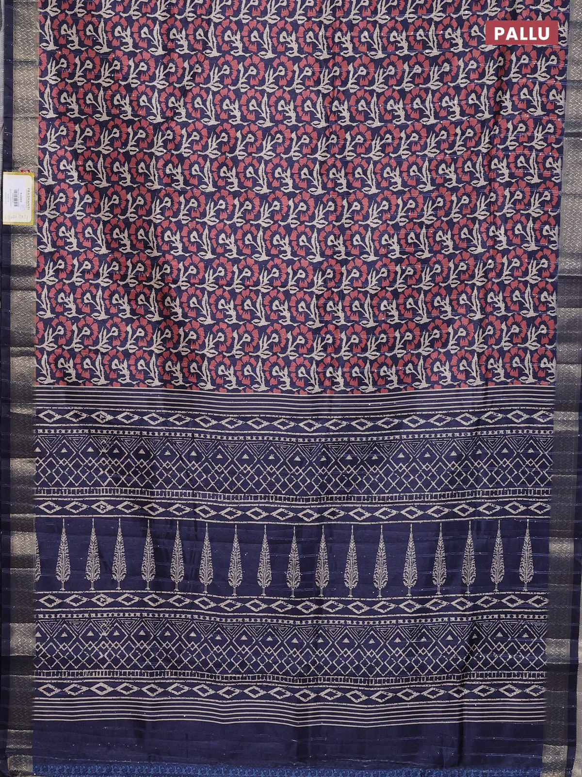 Semi tussar saree navy blue with allover floral prints & sequin work and zari woven border - Image 3