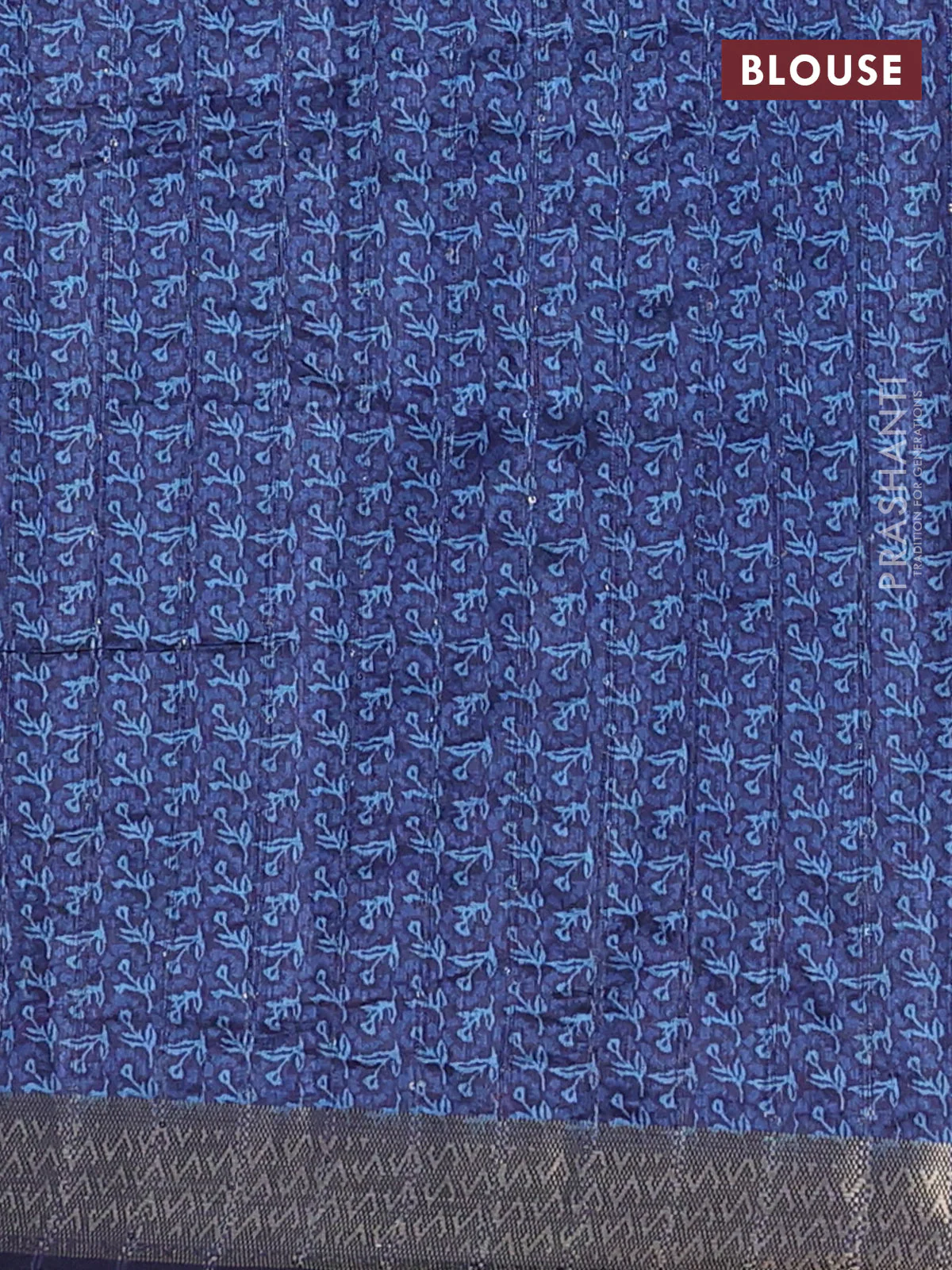 Semi tussar saree navy blue with allover floral prints & sequin work and zari woven border - Image 4