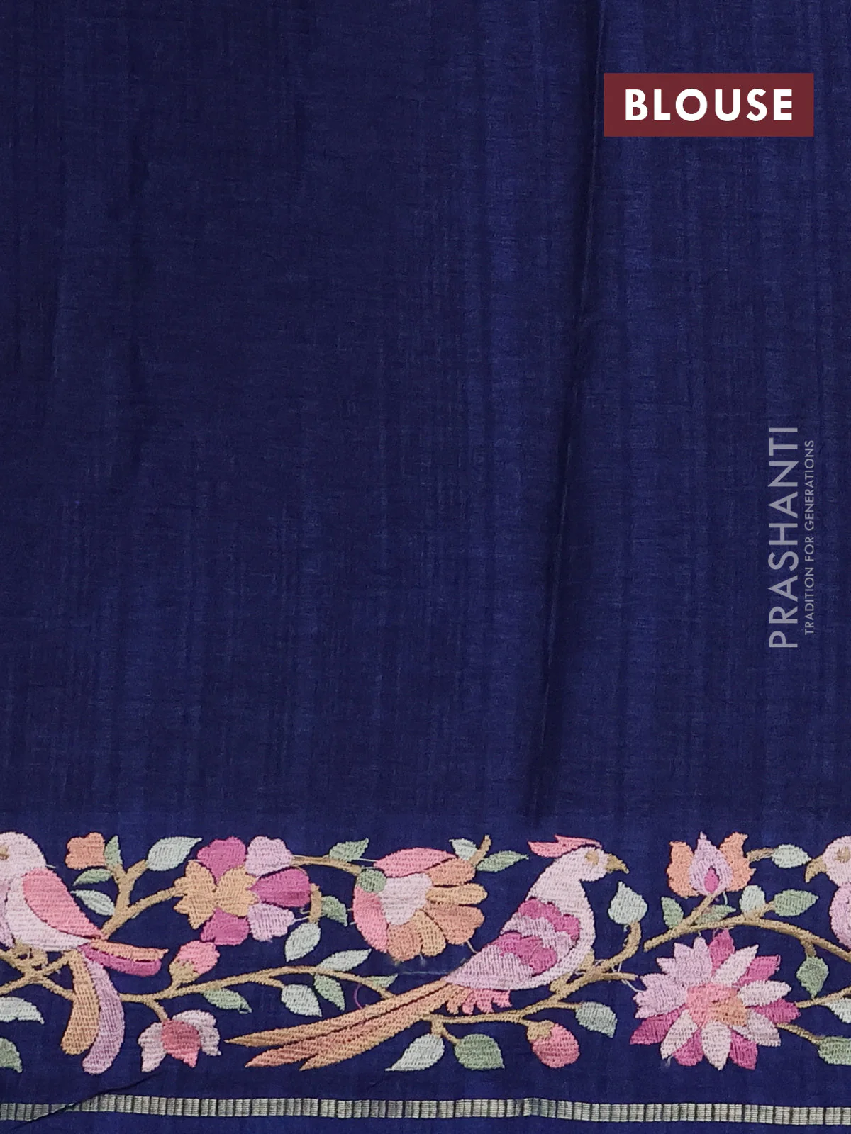 Semi tussar saree navy blue with allover zari checked pattern and embroidery border - Image 3