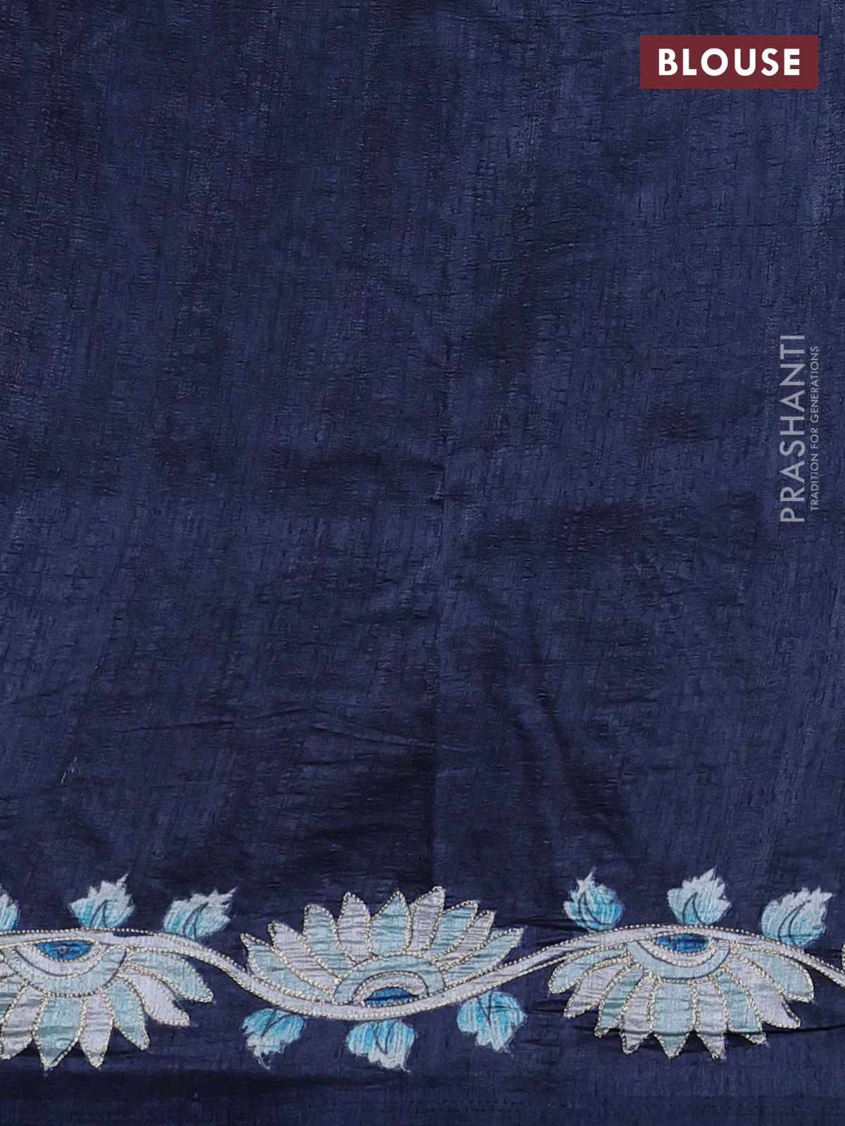 Semi tussar saree navy blue with plain body and embroidered pallu - Image 3