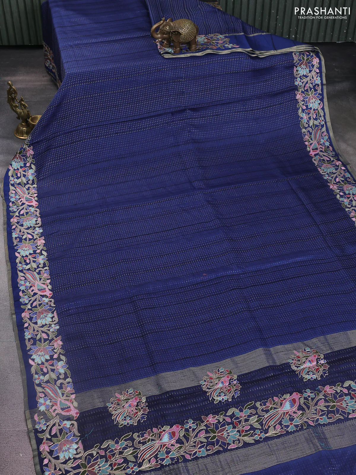 Semi tussar saree navy blue with zari weaves and embroidery border - Image 2