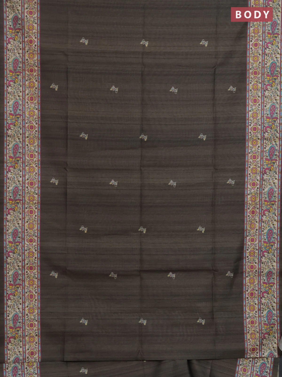 Semi tussar saree olive green and cream with butta prints and madhubani printed pallu & border - Image 2