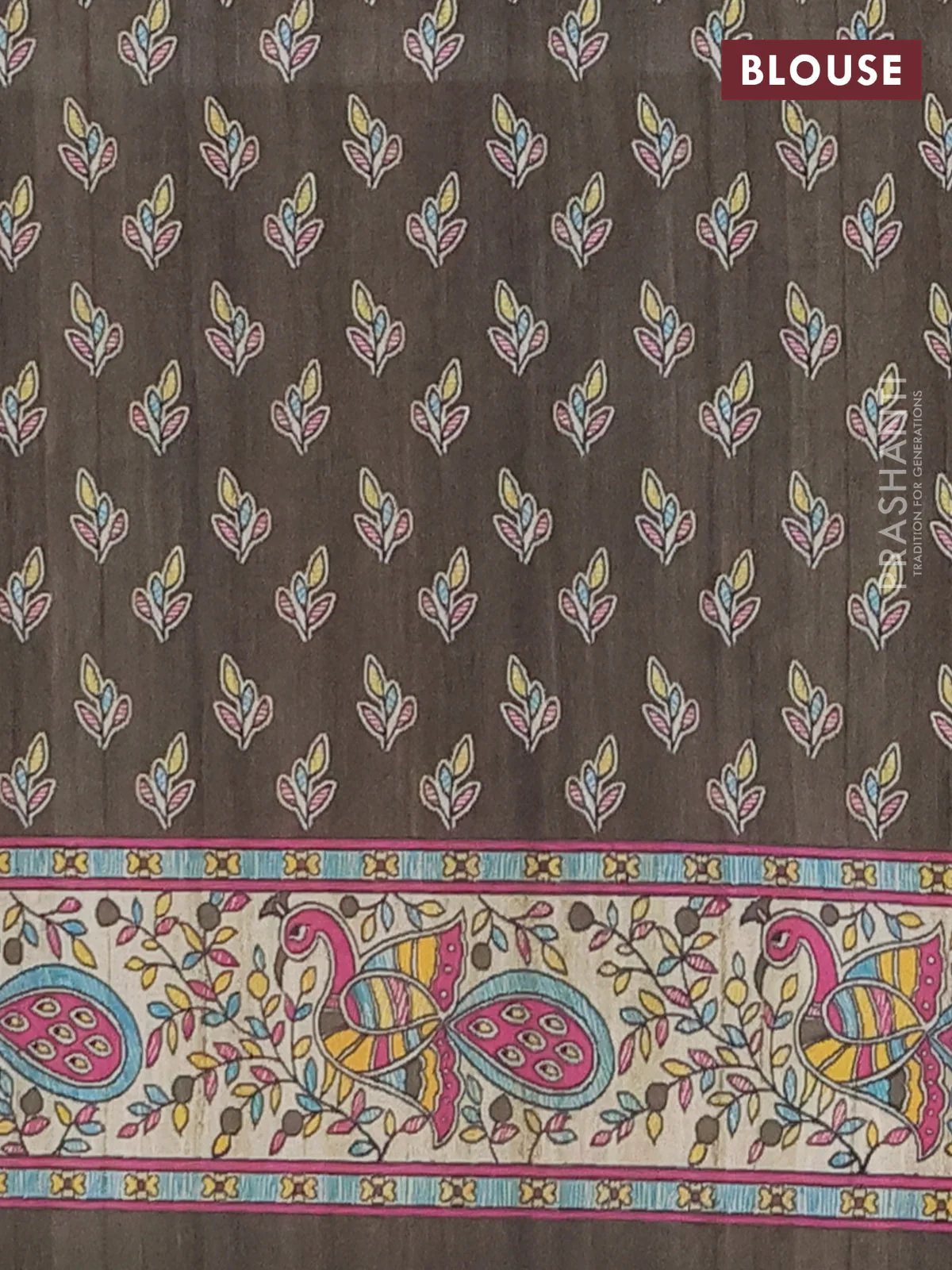 Semi tussar saree olive green and cream with butta prints and madhubani printed pallu & border - Image 4