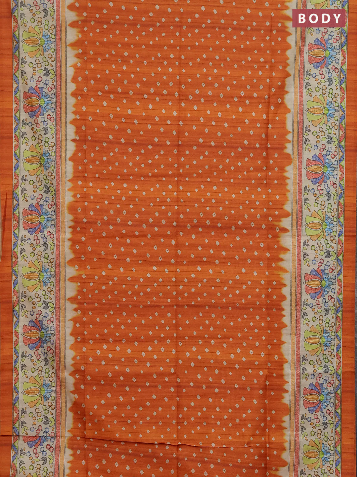 Semi tussar saree orange and beige with allover bandhani prints and madhubani printed pallu & border - Image 2